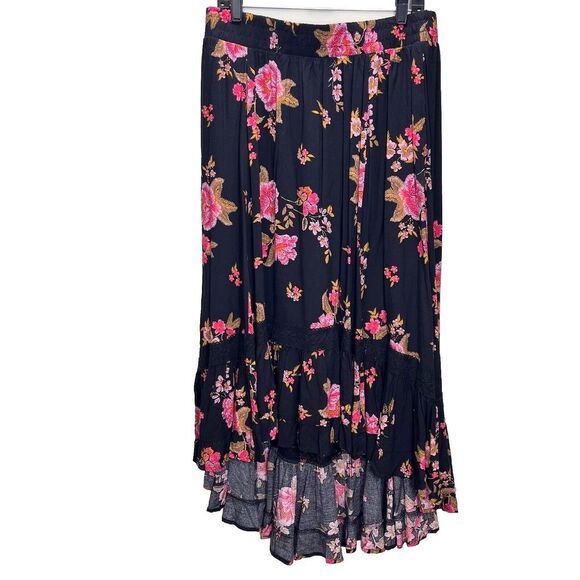 NWT Torrid Black Pink Floral‎ Gauze Hi Low Pull On Maxi Skirt Size 1X Pockets - Picture 1 of 6